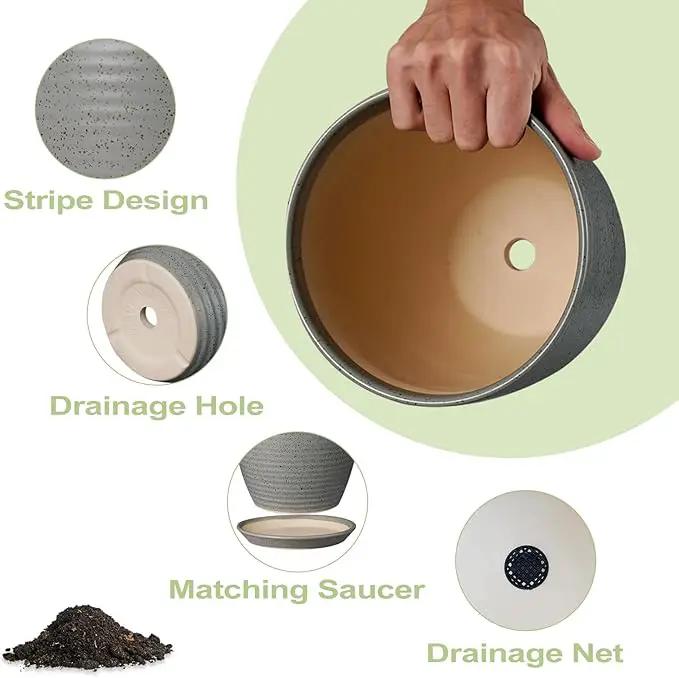12 Inch Plant Pot, Ceramic Planter Pot with Drainage Hole and Saucer Round Large Flower Pot for Indoor Plants, Light Gray by GreenHaven Gardens