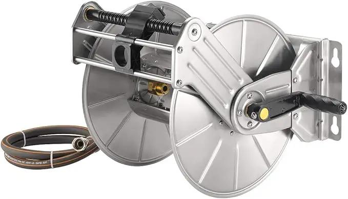 Giraffe Tools Stainless Steel Garden Hose Reel Heavy Duty, Wall/Floor Mounted Stainless Water Hose Reel Retractable with Crank, 150-Feet 5/8" Hose Capacity by GreenHaven Gardens