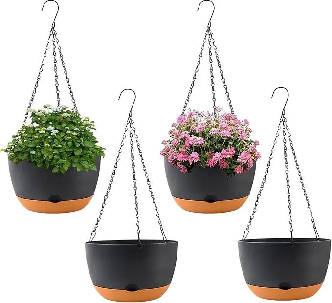 4 Pack Plastic Hanging pots for Plants Indoor,8 Inch Plant Pot Indoor Outdoor Hanging Baskets,Hanging Flower Pots with Drainage Holes and Chain for Garden Porch Plants(Black) by GreenHaven Gardens