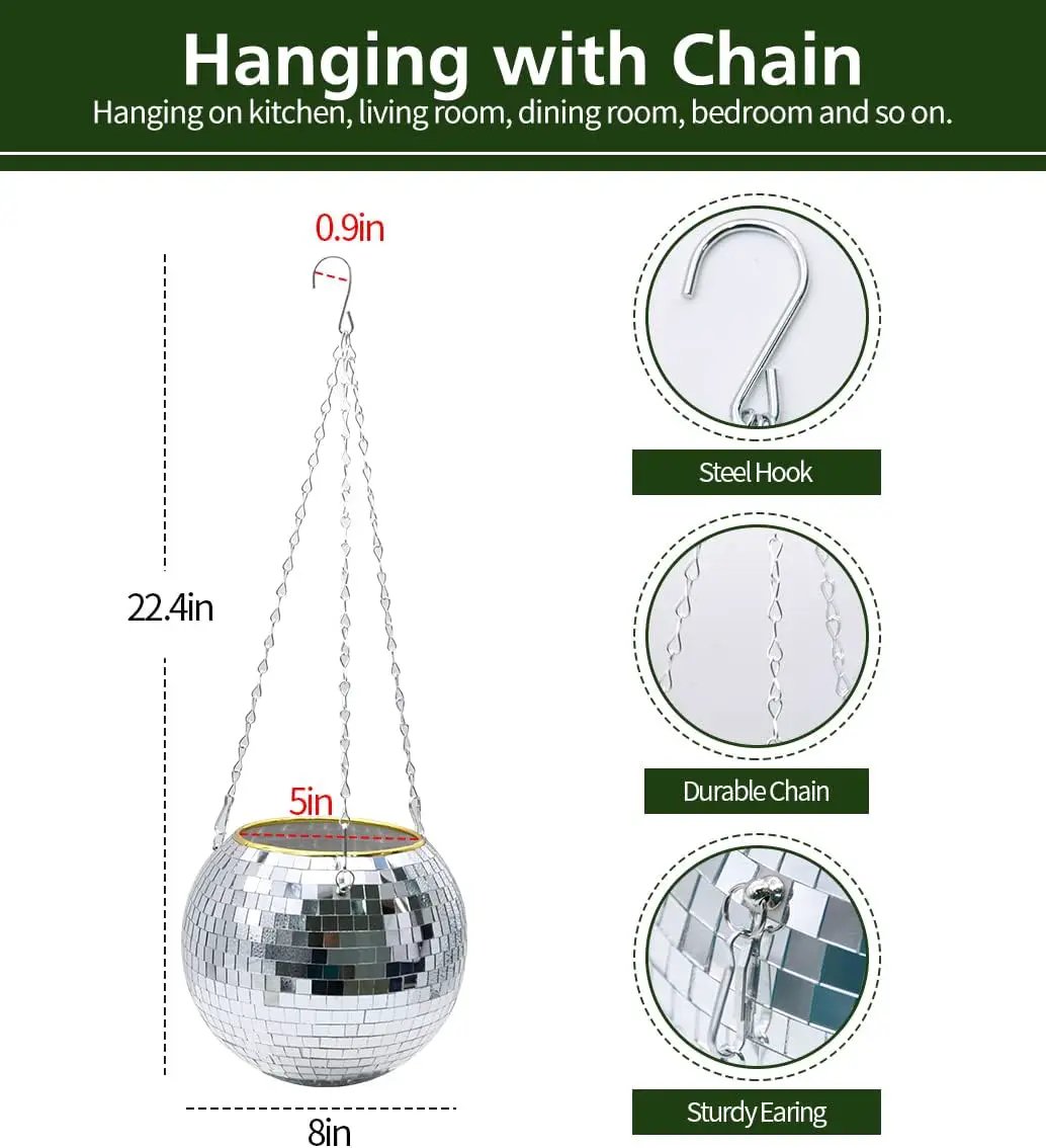 8" Silver Disco Ball Planter with Hanging Rope, Hanging Chain, Hook, Circle | for Decoration by GreenHaven Gardens