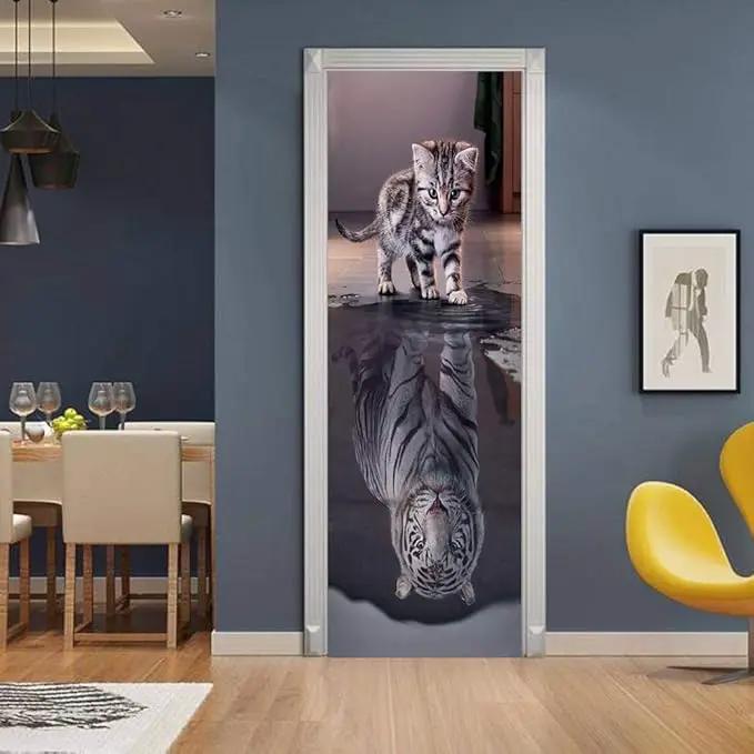 3D Door Wallpaper Self-Adhesive Door Sticker - Cat Become Tiger - Door Film Poster Premium PVC Waterproof Wall Sticker for Bedroom Living Room Door Decoration Wallpaper 86 x 200 cm by GreenHaven Gardens