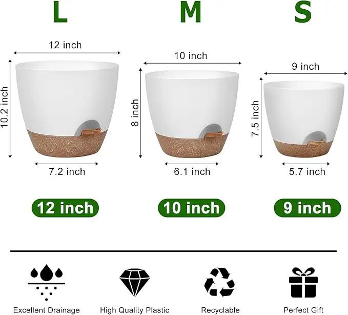 Plant Pots 12/10/9 Inch Self Watering Pots, Set of 3 Plastic Planters with Drainage Holes and Saucers,Plastic Flower Pots,Nursery Planting Pot for Indoor Out Door Plants(White) by GreenHaven Gardens
