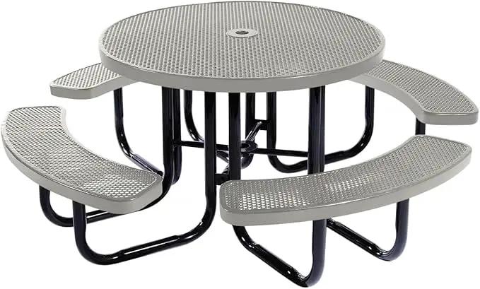 Heavy-Duty Portable Outdoor Picnic Table with Umbrella Hole, Punched Steel Commercial-Grade Patio Dining Furniture Made in America (46" Round Top, Grey) by GreenHaven Gardens