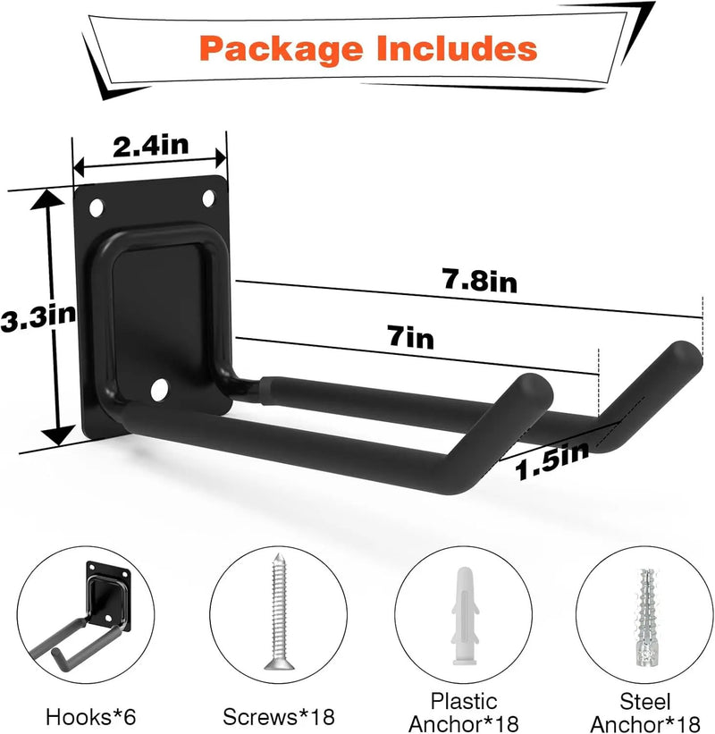 6 Packs 7.8inch Heavy Duty Garage Hooks, Garage Storage Organizer for Tool Organization, Shed Metal Utility Hooks Hanger for Tires, Bikes, Shed, Chair, Ladder, Ski and Snowboard by GreenHaven Gardens
