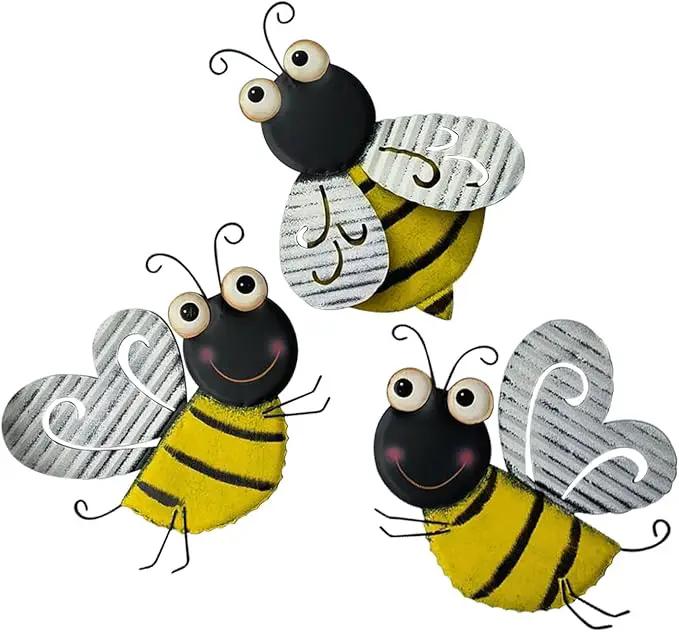 3 Pcs Metal Bee Wall Decor, Cute Bumble Bee Sculpture, Funny Animal Wall Decor - Yellow Bodies, Black Stripes, Large Eyes for Home Office Decor (Bee) by GreenHaven Gardens