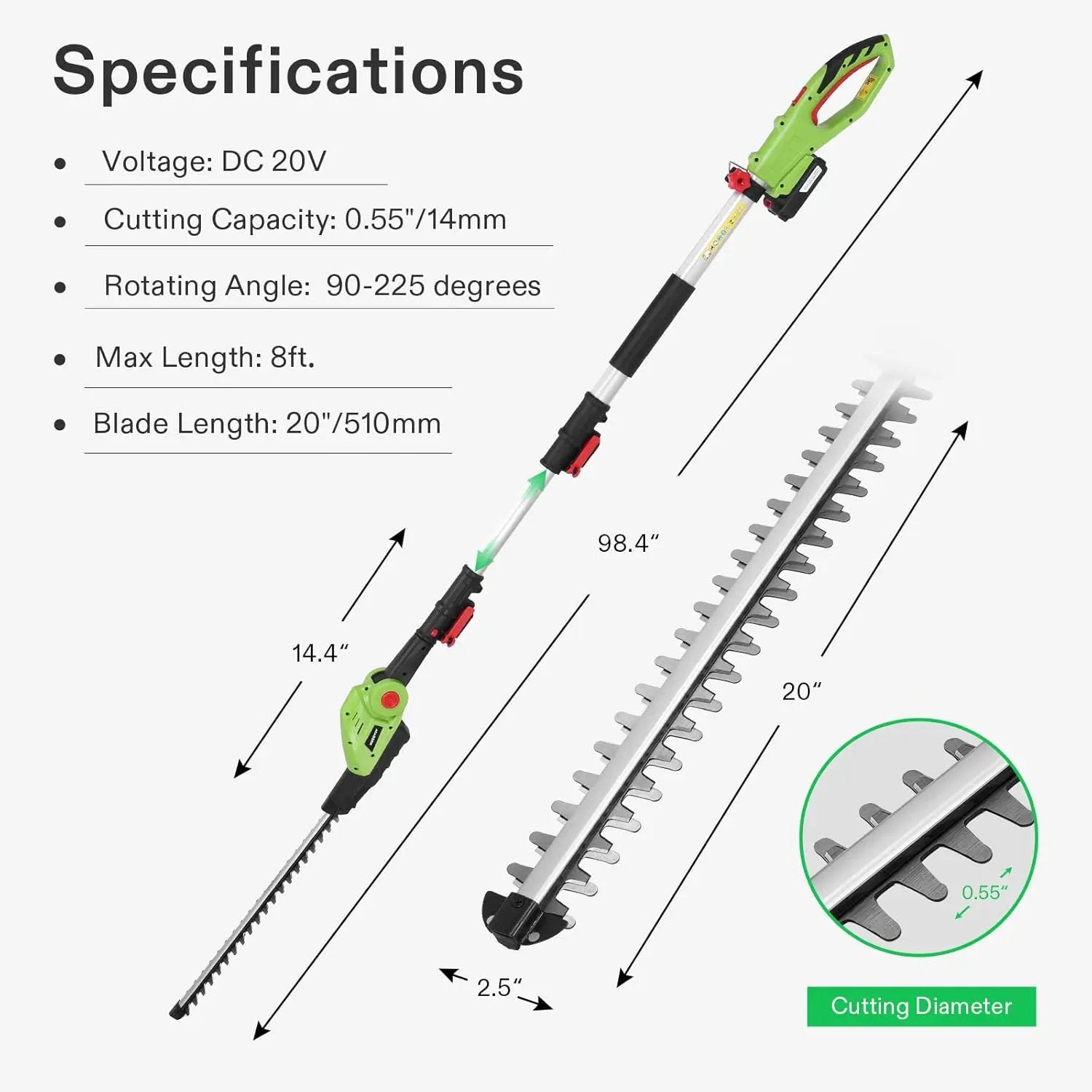 VIVOSUN 20" Cordless Pole Hedge Trimmer, 20V Electric Bush Trimmer with 20” Dual-Action Laser Blade, Adjustable Cutting Head, 0.55" Cutting Capacity, 2.0AH Battery and Fast Charger Included by GreenHaven Gardens
