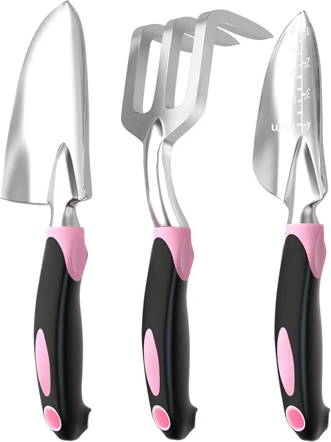 Garden Tool Set SOYUS Heavy Duty 3 Piece Gardening Hand Tools Aluminum Garden Shovel for Planting Hand Trowel Cultivator Rake with Ergonomic Non-Slip Rubber Grip Pink Gardening Gifts for Women by GreenHaven Gardens