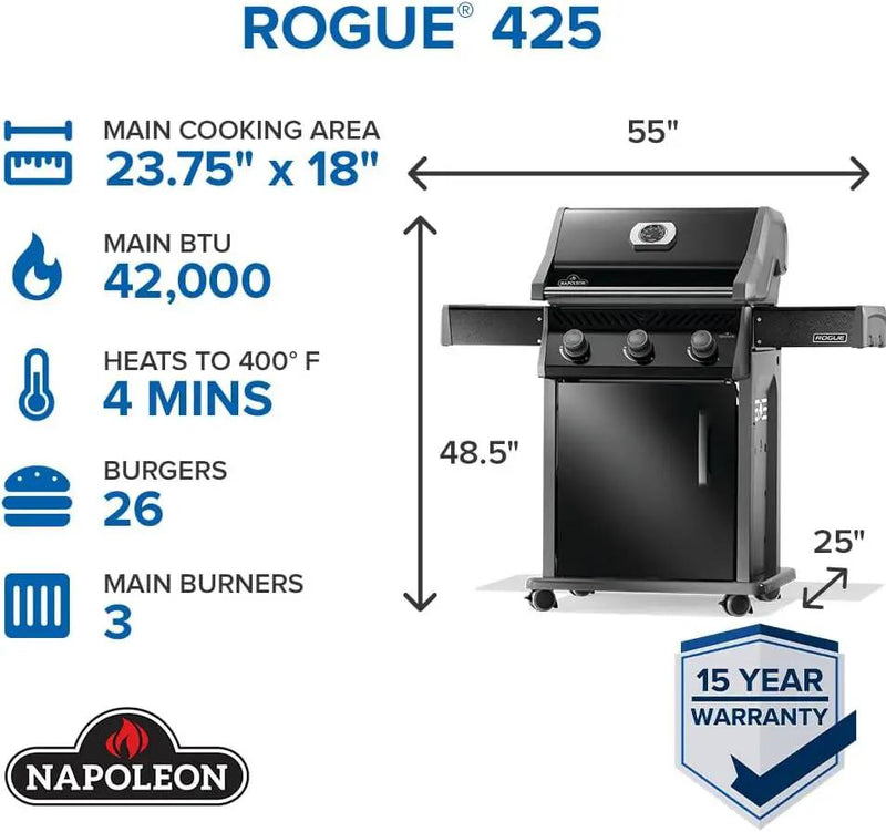Napoleon Rogue 425 Natural Gas Grill, Black, Durable 3-Burner Outdoor BBQ by GreenHaven Gardens