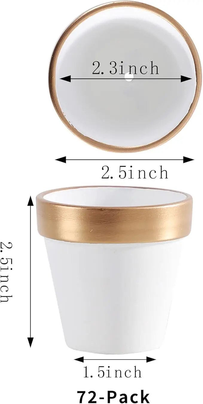 Yishang 72 pcs Small Mini White&Gold Clay Pots, 2.5'' Terracotta Pot Clay Ceramic Pottery Planter,Cactus Flower Terra Cotta Pots,Succulents Nursery Pots,with Drainage Hole,for Crafts,Wedding Favor by GreenHaven Gardens