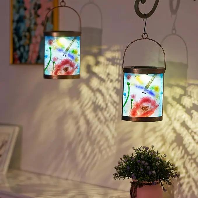Starsoul 2 Pack Hanging Solar Lantern Outdoor Waterproof Glass Dragonfly and Lotus Decorative Solar Lights for Outside Garden Yard Table Patio Decor by GreenHaven Gardens