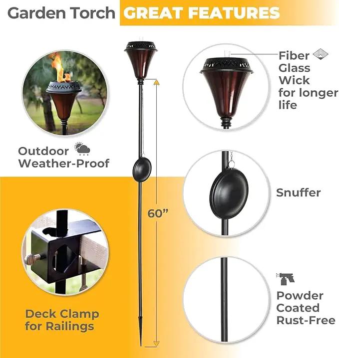 Garden Torch Large Flame - Deco Home Garden Torch Set of 2 | Citronella Garden Outdoor/Patio Outdoor Lighting Torch for Party Patio Pathway with Spikes and Deck Clamp | Caramel Black by GreenHaven Gardens