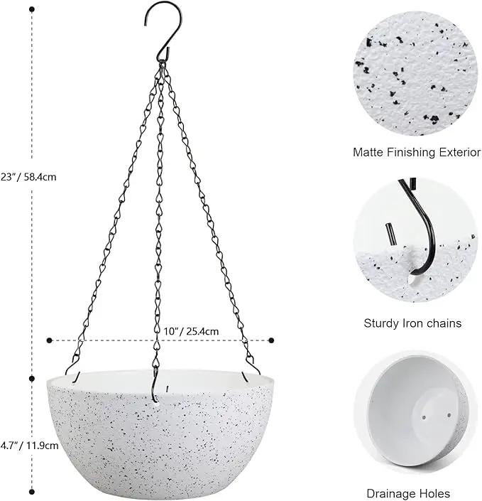 10 inch Hanging Planters for Indoor Outdoor Plants, 2 Pack Hanging Flower Pots with Drainage Holes and Chain for Garden Porch, Plastic Hanging Baskets for House Plants, Speckled White by GreenHaven Gardens