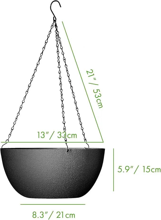 WOUSIWER 13 inch 2Pack Large Hanging Planters for Outdoor Indoor Plants with Drainage Holes and Chain, Round Hanging Flower Pots for Garden Home Porch Decor, Black by GreenHaven Gardens