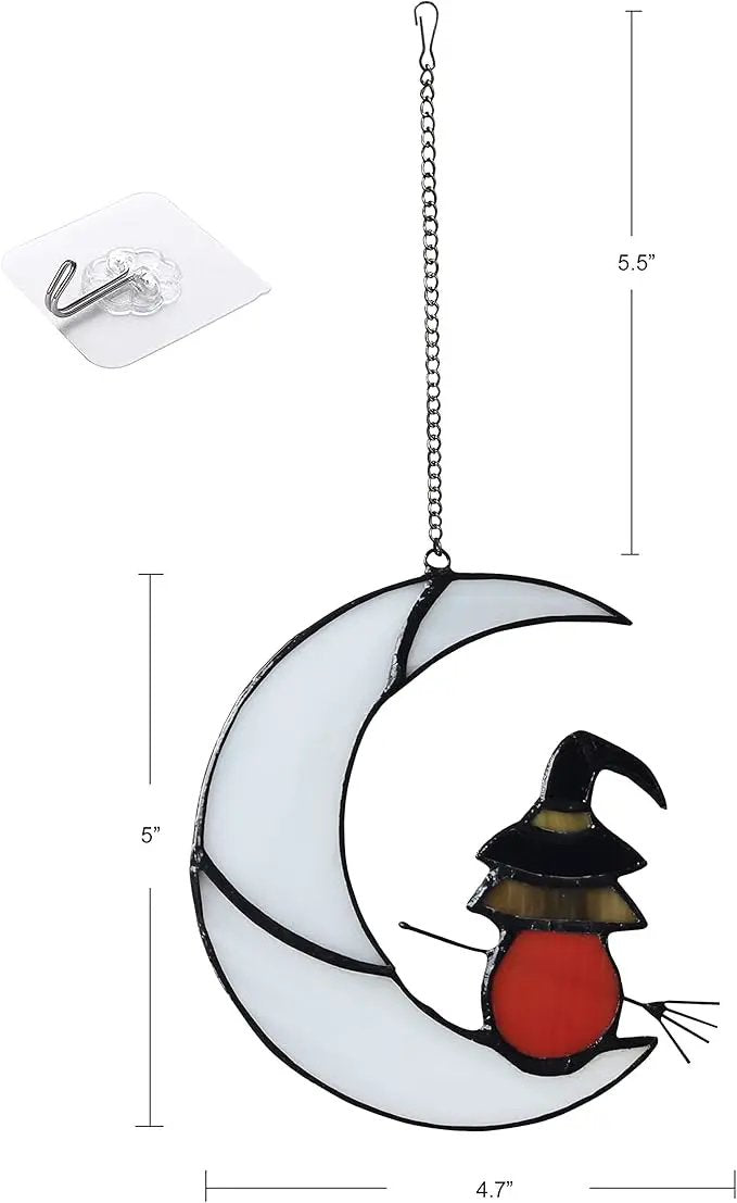 Witch On Moon Stained Glass Window Hanging Panel, Suncatcher for Windows, Witch Decor Riding Moon Face Sun Catcher Halloween Ornament. by GreenHaven Gardens