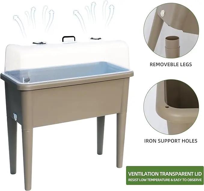 Dexceder 13.2 Gallon Self Watering Raised Garden Bed with Ventilation Transparent Lid Greenhouse, Deepen Vegetable Flower Box Planter Pot with Removeble Legs&Water Level Indicator (Light Brown) by GreenHaven Gardens
