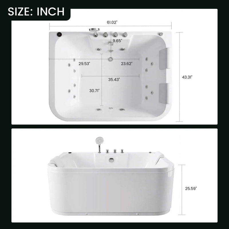 Nuvia 61-Inch 2-Person Acrylic Whirlpool Massage Bathtub With 16 Water Jets And LED Lights (SAK15780) by SAKSBY WHOLESALE
