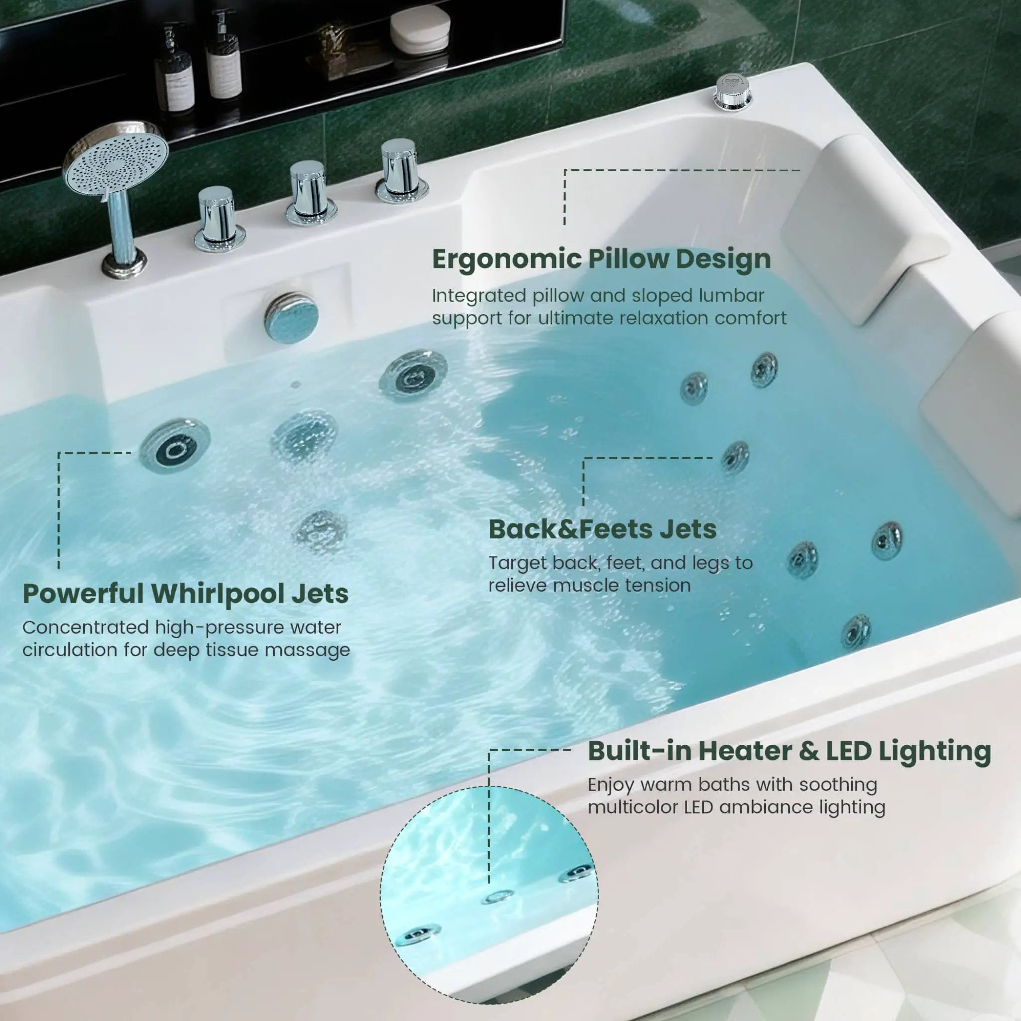 Nuvia 61-Inch 2-Person Acrylic Whirlpool Massage Bathtub With 16 Water Jets And LED Lights (SAK15780) by SAKSBY WHOLESALE