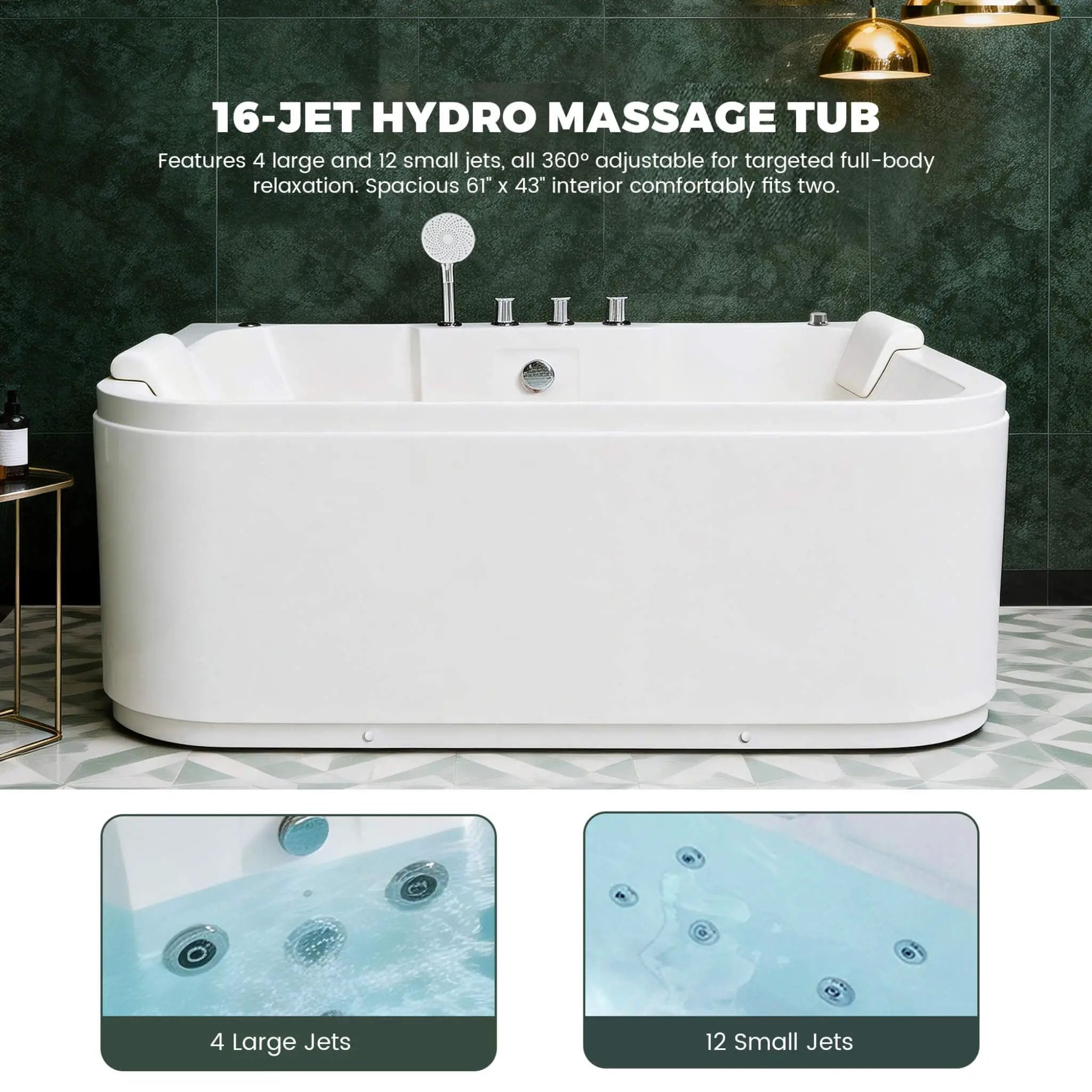 Nuvia 61-Inch 2-Person Acrylic Whirlpool Massage Bathtub With 16 Water Jets And LED Lights (SAK15780) by SAKSBY WHOLESALE