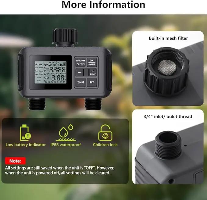 Uzoli SGW07 Sprinkler Timer, Water Timer for Garden Hose, Programmable Hose Timer 2 Outlet with Rain Delay, Manual, Auto System Controller, IP55 Waterproof Drip Irrigation Timer for Yard, Lawn, Pool by GreenHaven Gardens