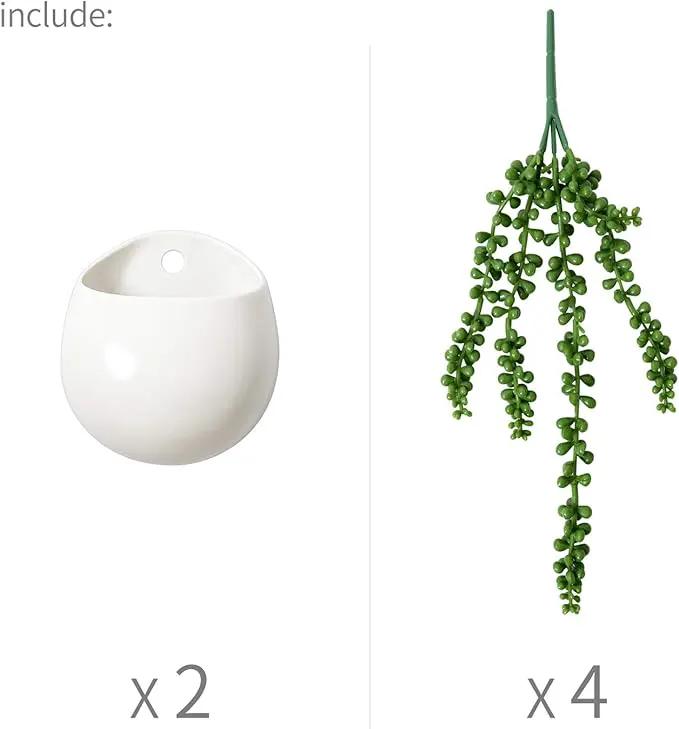 Dahey Wall Planters with Fake String of Pearls Plant Artificial Succulent Small Modern Ceramic Mounted Planter Round Hanging Wall Vase Display Holder for Indoor Garden Office Decor, Set of 2 by GreenHaven Gardens