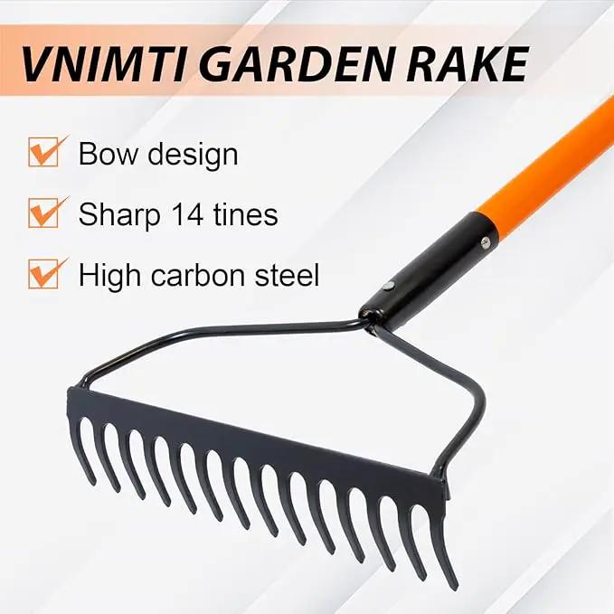 Garden Rake for Gardening, Heavy Duty Garden Rake for Lawns, 14 Tines Bow Rake with Fiberglass Handle, 58 Inches by GreenHaven Gardens
