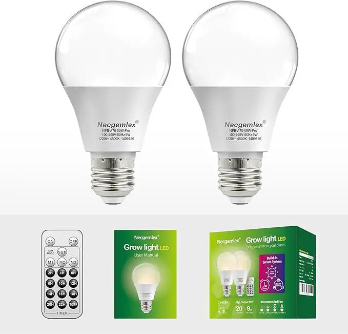 Smart LED Grow Light Bulbs with Remote Controller, Sun Mode, Built-in Daily Auto Timer, 4500K, A21/A70 E26/E27 9W Dimmable Full Spectrum Grow Bulbs for Indoor Plants, 2 Pack by GreenHaven Gardens