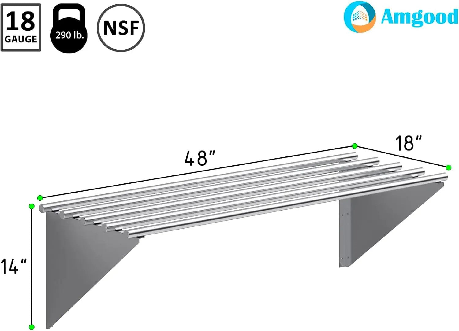 AmGood 18 in. x 48 in. NSF Stainless Steel Tubular Wall Shelf | Heavy-Duty Metal Shelving for Appliances & Equipment | Ideal for Kitchen, Restaurant, Garage, Laundry, Utility Room by GreenHaven Gardens