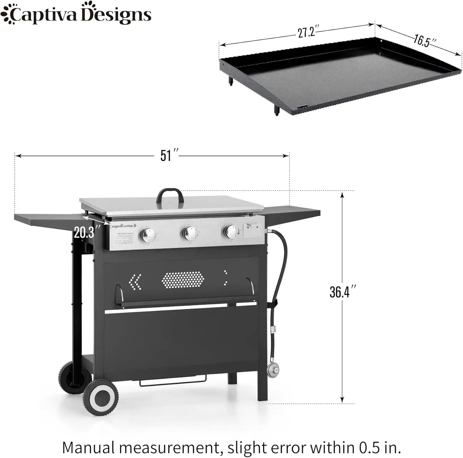 Captiva Designs 27 in Flat Top Griddle Grill with Ceramic Coated Cast Iron Pan, 3-Burner Propane Gas Griddle Grill, 33,000 BTU Output Flattop Grills for Outdoor Barbecue, Cooking and Party by GreenHaven Gardens