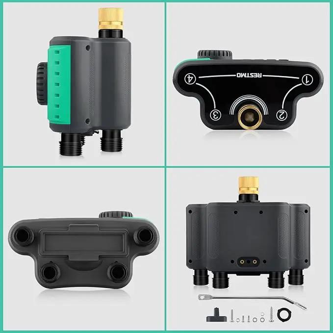 RESTMO 4-Outlet Sprinkler Timer with Brass Inlet, 4 Zone Programmable Water Timer for Garden Hose, Automatic Digital Control | Manual ON/Off | Rain Delay, for Outdoor Faucet, Drip Irrigation and Lawn by GreenHaven Gardens