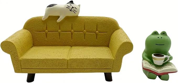 Miniature Figurines Set - Cute Frog & Cat with Mini Sofa, Tiny Desk Decor Accessories for Home Office Bedroom Shelf Table Garden Decoration by GreenHaven Gardens