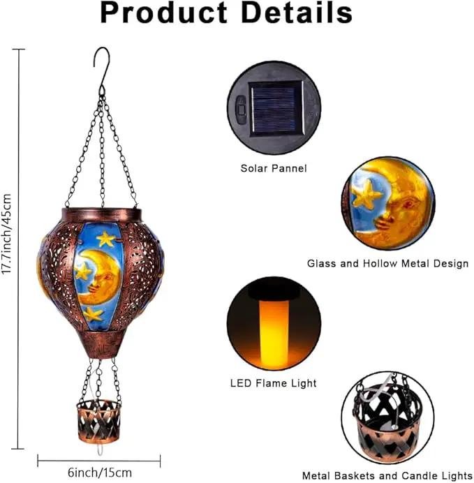 Solar Hot Air Balloon Lantern with Flame Flickering LED Metal Star Moon Hot Air Balloon Solar Lantern Outdoor Waterproof Hanging Outdoor Light for Garden,Yard,Porch Mother Day Gift for Women by GreenHaven Gardens