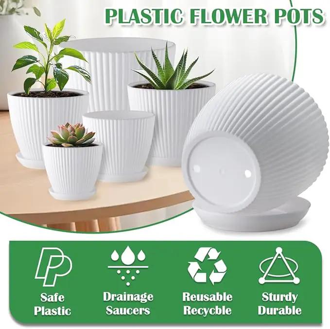 7.5/6.5/5.5/4.9/4.2/3.5 Inch Plant Pots, Plastic Flower Pots with Drainage Holes and Plate, Indoor/Outdoor Plant Planters with Different Size, 6 Pack Durable Pots for Plants, White by GreenHaven Gardens
