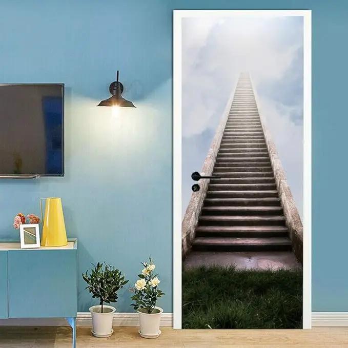 3D Staircase Door Stickers - Peel & Stick - Waterproof & Washable - Matt Finish - Modern Style - White - 37.4" x 78.7" (2 Parts) by GreenHaven Gardens
