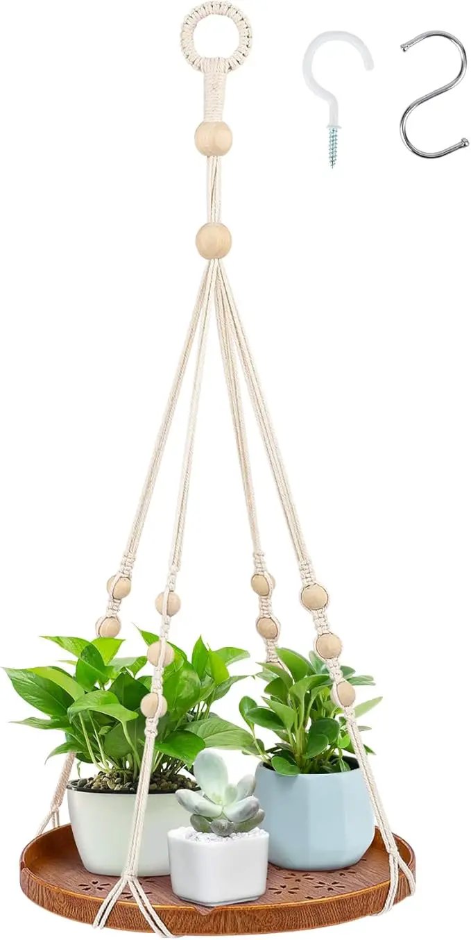 SUREAM Macrame Plant Shelf Hangers, Large Hanging Baskets for Plants with Flower CutOuts and Handmade Cotton, Indoor Outdoor Plant Hangers with Wood Tray for Garden Home Decor - No Plant/Pot Included by GreenHaven Gardens