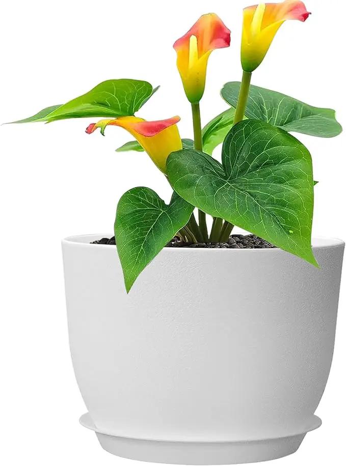 12 inch Large Plant Pots, Plastic Planters with Drainage Holes and Saucers, Flower Pots for Indoor Outdoor Plants, Modern Decorative Pots for Garden House Plants, White by GreenHaven Gardens