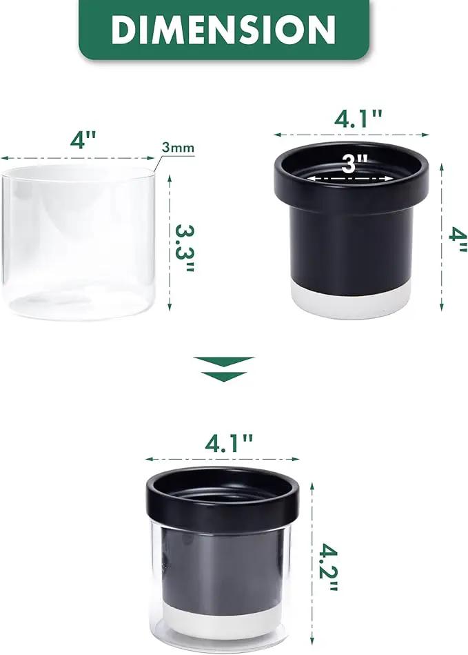 Phoenix Vine 4 Inch Self Watering Planter Pot, Black Terracotta Clay Pot with Glass Reservoir for Indoor Plants, Herbs, Flowers, Set of 4, 52-C-E-4 by GreenHaven Gardens