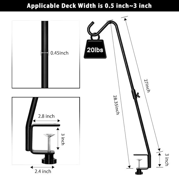 FEED GARDEN 2 Pack 29 Inch Adjustable Deck Hook,Solid Steel Deck Hangers for Bird Feeders,Lanterns, Flower Basket and Suet Baskets with Clamp,Black by GreenHaven Gardens