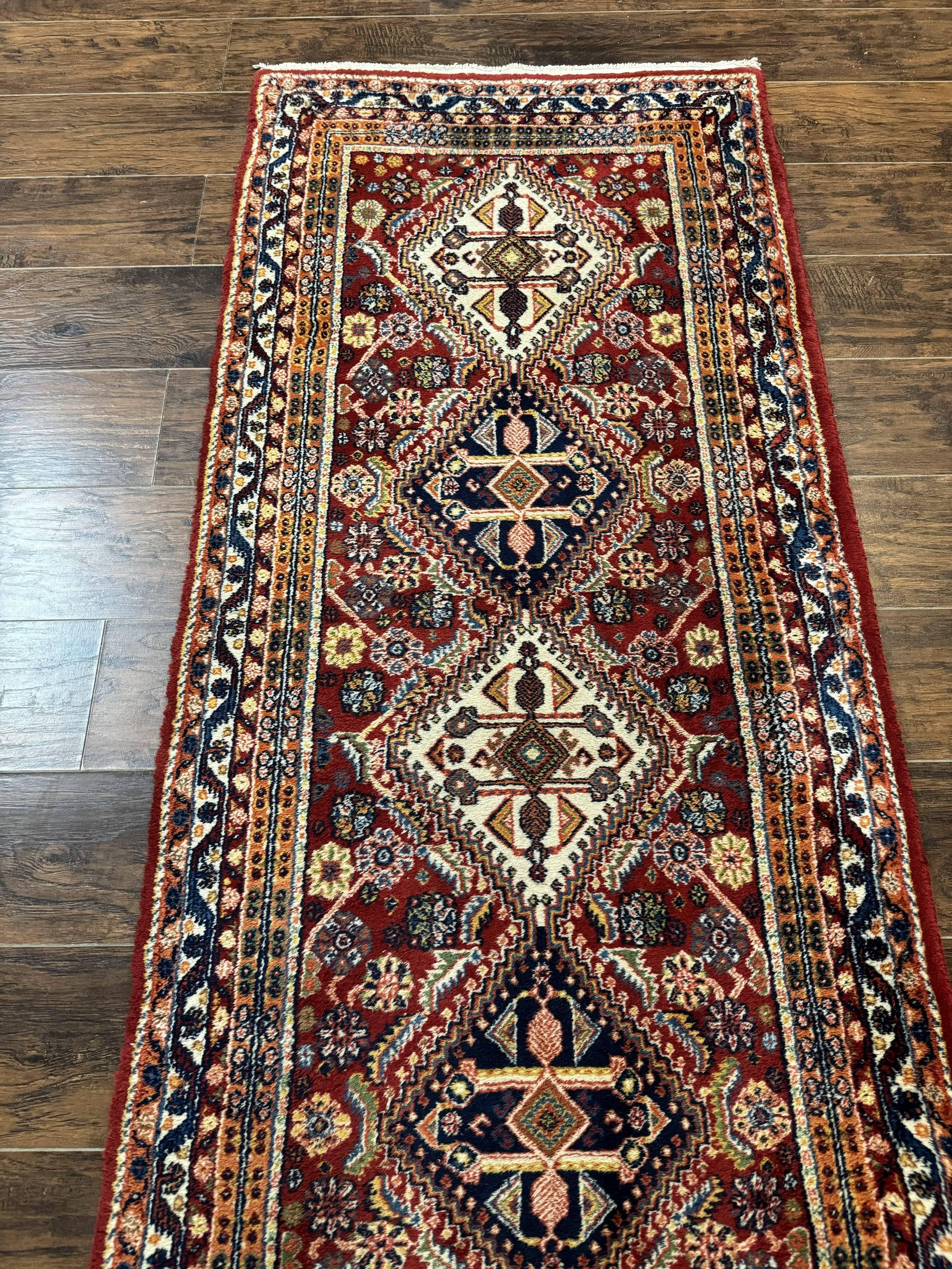 Antique Persian Qashqai Runner Rug 3 x 13 ft, Tribal Runner, Geometric Medallions, Red Ivory Blue, Wool by Jewel Rugs