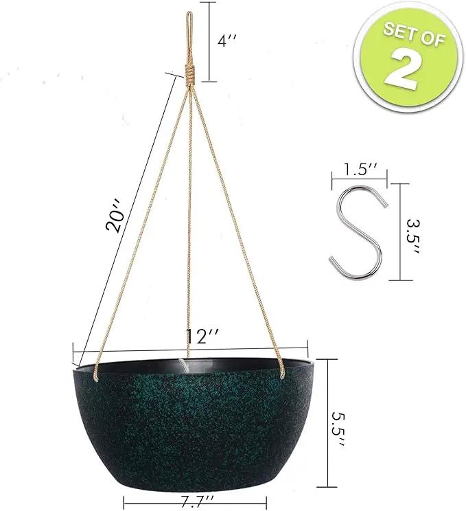 12 Inch 2 Pack Large Hanging Planters for Indoor Outdoor Plants, Plastic Hanging Basket Pots for House Plants Flowers, Black Speckles by GreenHaven Gardens