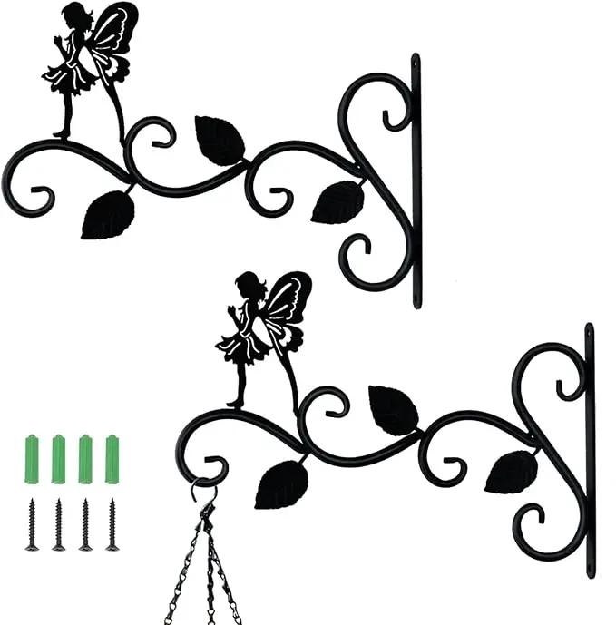 Hanging Plants Bracket 12" Angel Planter Outdoor Hooks Hangers for Flower Baskets Pot Bird Feeder Wind Chimes Lanterns Patio Garden Outdoor Indoor Metal Black, 2 Pack by GreenHaven Gardens