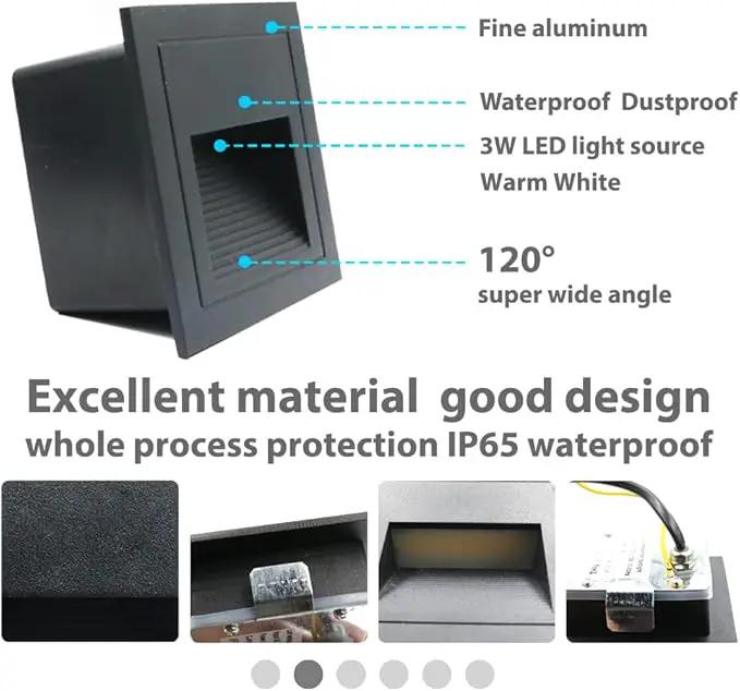 8Pack 3W LED Recessed Wall Light, 85-230V Step Lights Warm White 3000K, IP65 Waterproof Stair Light Staircase Light lamp, Inside Outside Garden Balcony Corridor, Aluminum, 120V,Black