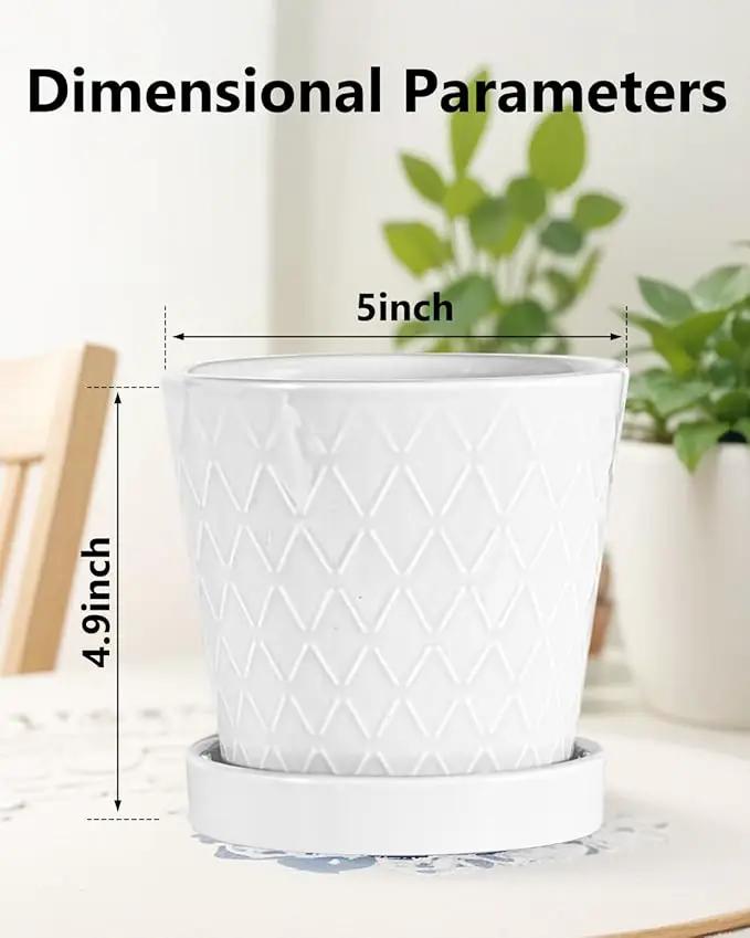 EFISPSS Flower Planter –5 inch Ceramic Plant Pots with Drainage Holes and Ceramic Tray - Gardening Home Desktop Office Windowsill Decoration Gift Set of 4 - Plants NOT Included (White) by GreenHaven Gardens