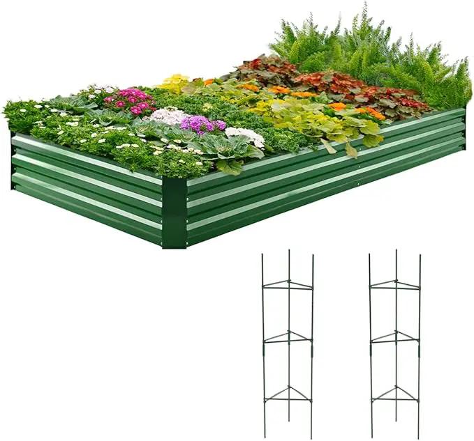 Quictent Galvanized Raised Garden Bed 8x4x1 Ft Metal Planter Box for Vegetables Bottomless for Backyard, 2 Tomato Cages Included, Green by GreenHaven Gardens