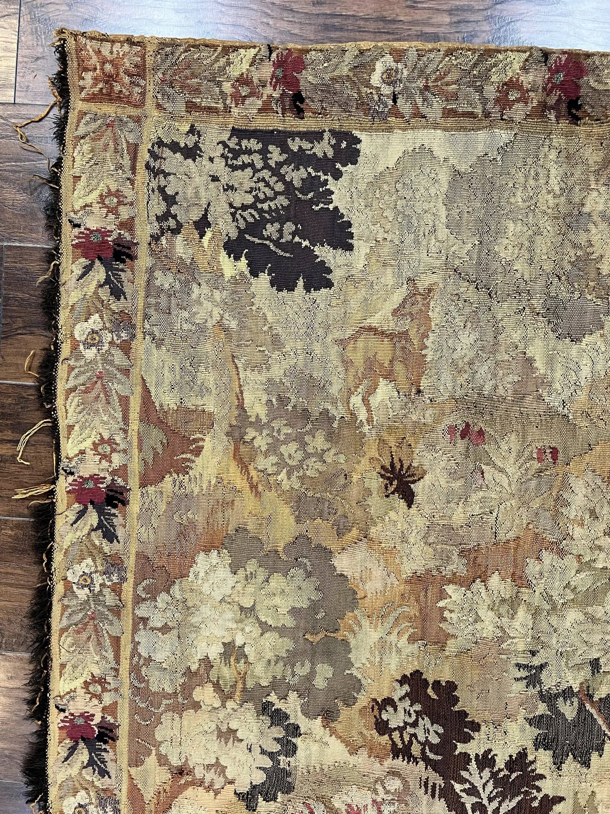 Antique French Tapestry 6x5 ft, European Handmade Wool Aubusson Weave Vintage Tapestry by Jewel Rugs