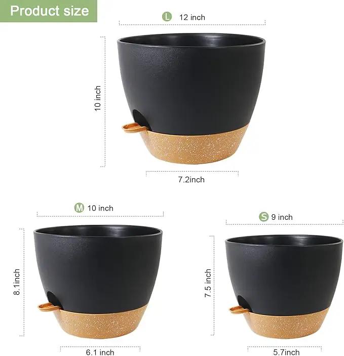 12/10/9 inch Large Self Watering Pots, Planter, Plant Pots with Mesh Drainage Holes for Indoor Outdoor Garden Plants, Plastic Flower Pots with Removable Deep Reservoir, Black with Brown by GreenHaven Gardens
