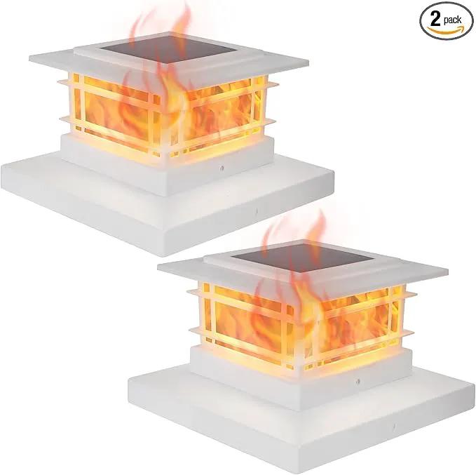 Dynaming 2 Pack Solar Flame Post Lights Outdoor, Solar Powered Fence Post White Shell Cap Light, High Brightness Flickering Flame LED Lighting for Garden Deck Patio, Fit 4x4 5x5 6x6 Vinyl/Wooden Posts by GreenHaven Gardens
