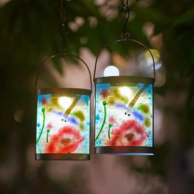Starsoul 2 Pack Hanging Solar Lantern Outdoor Waterproof Glass Dragonfly and Lotus Decorative Solar Lights for Outside Garden Yard Table Patio Decor by GreenHaven Gardens
