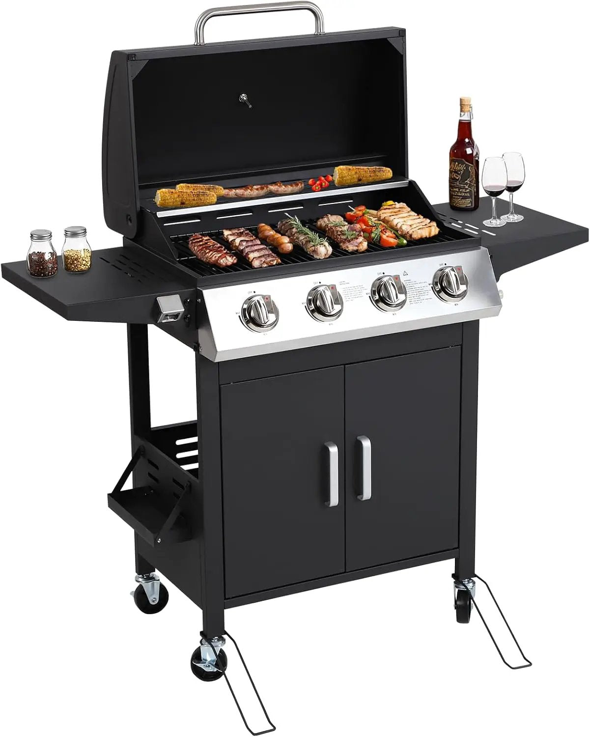 4 Burner Gas Grill with Side Burner, Stainless Steel Foldable Side Tables, 40,000 BTU, with Grease Tray, Easy Assembly for Patio, Backyard (Folding Version) by GreenHaven Gardens