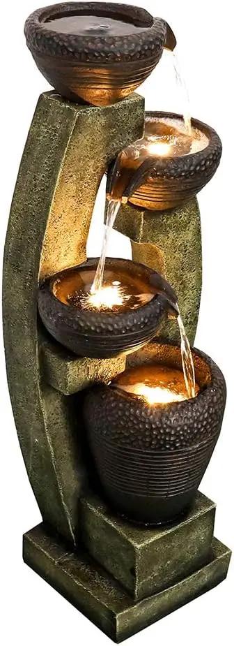 Naturefalls 40” H Modern Outdoor Fountain - 4 Crocks Outdoor Garden Fountains with Contemporary Design&LED Light for Garden, Patio, Deck, Porch, Backyard and Home Art Decor (40in, Light Gray) by GreenHaven Gardens