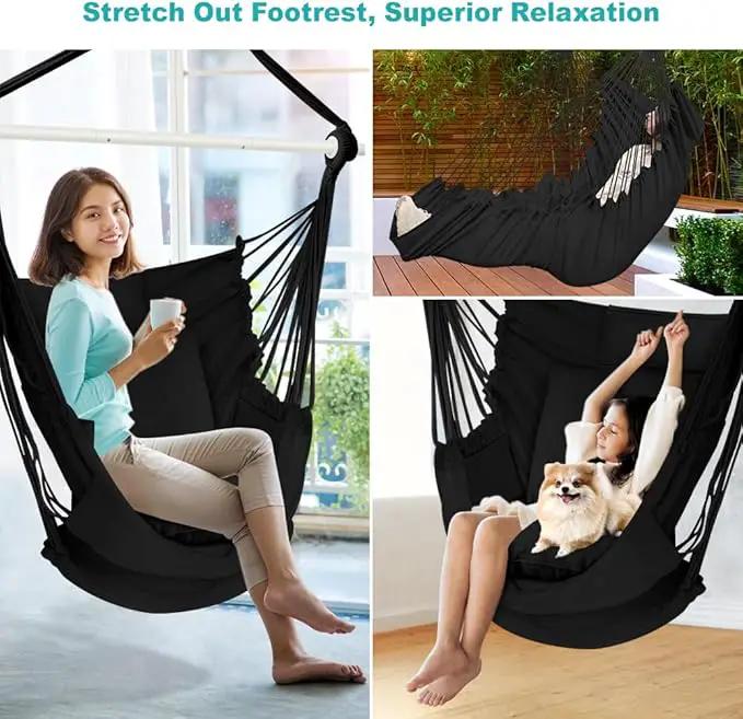 Outerman Hammock Chair, Hanging Chair with 3 Cushions and Foot Rest Support, Sturdy Metal Spreader Bar Max 500Lbs, Swing Chair for Bedroom, Indoor & Outdoor, Patio, Porch or Tree（Black）… by GreenHaven Gardens